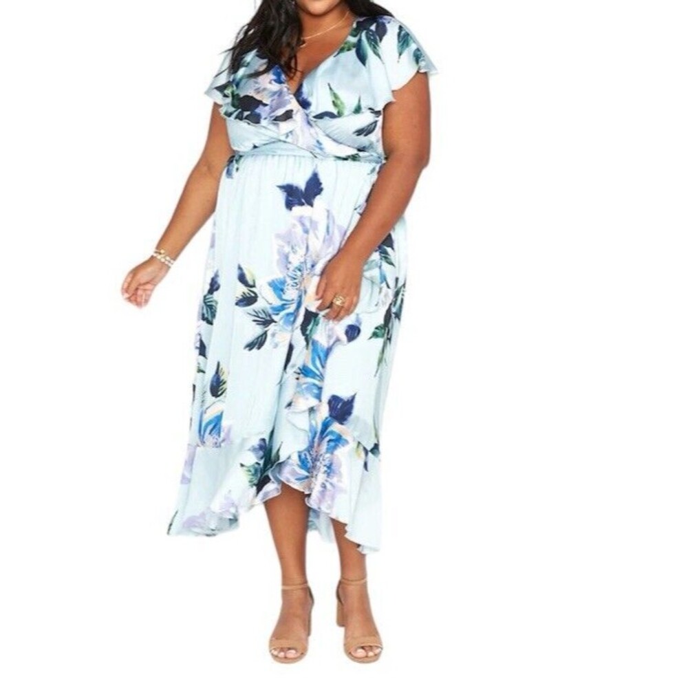 Show Me Your Mumu Chic Floral Wrap Midi Dress in Blue and White